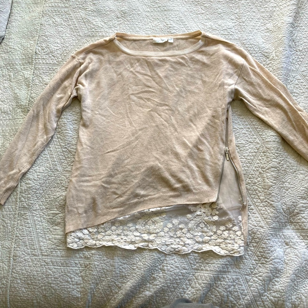 Knit Long Sleeve Top with Asymmetrical Lace Detail Size L
